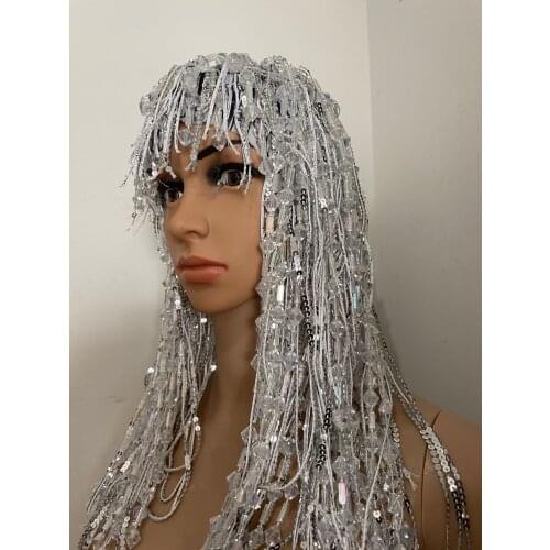 Sexy Silver Sequin Crystal Tassel Wigs Women Birthday Party Rhinestone Fringes Headwear