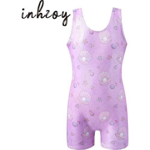 Kids Sleeveless Fish Scales Shell Print Gymnastics Leotards For Girls Ballet Dancewear Jumpsuit Shorts Unitards Dance Leotard