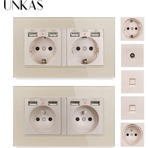 UNKAS EU French Socket Dual USB Port + TV RJ11 Telephone RJ45 Internet Computer Jack Gold Tempered Crystal Glass Panel Outlet