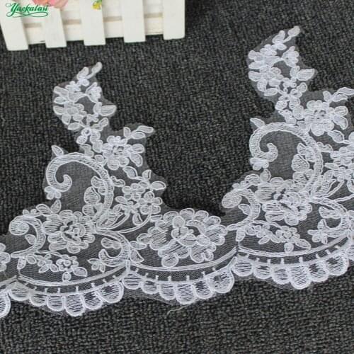 YACKALASI 5 Yards/Lot White Bridal Lace Fabric Wedding Lace Appliqued 3D Flower Embroidered Lace Scalloped Mesh Princess 23cm