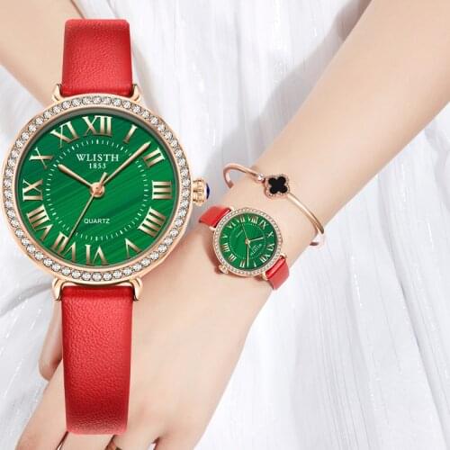 Women watches Rose Gold Crystal Diamond Green dial luxury ladies watch Leather Strap Analog quartz watch for women reloj mujer