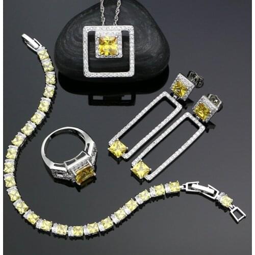 925 Sterling Silver Bridal Jewelry Sets For Women Wedding Yellow Cubic Zirconia Earrings Pendant Ring Bracelet Necklace Set