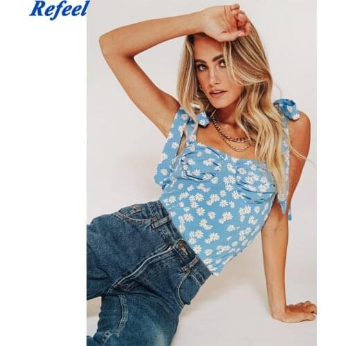 Daisy Floral Print Sexy Low Cut Summer Crop Top Women Tied Strap Backless Floral Print Casual Top
