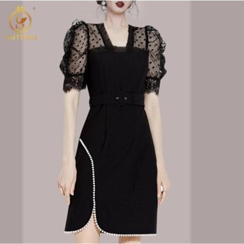 SMTHMA New 2021 Summer Fashion Runway Elegant Black Dress Women Sexy V Neck Mesh Dot Patchwork Party Dress Vestidos