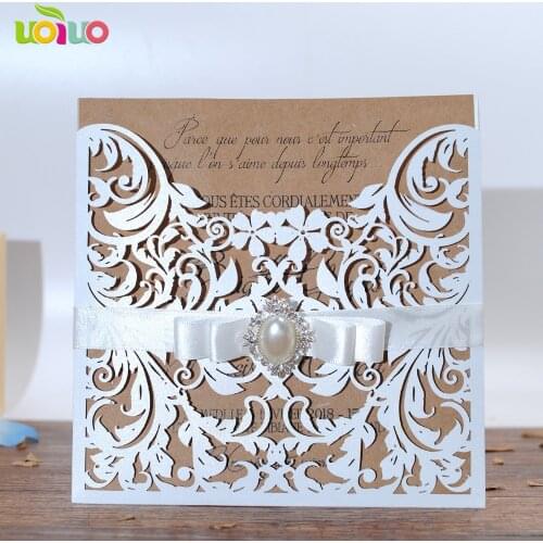 DIY 25set customize inc269 pocket white laser cut wedding invitation card+ tied bow + big rhinestone+printing card+envelope seal