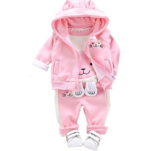 Winter Clothing Cat Infant Thick Warm Padded Clothes Boys Girls Hooded Vest Tshirt Pants 3Pcs/sets Kids Clothes Suit Tracksuits