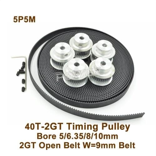 5pcs 40 Teeth 2GT Timing Pulley Bore 5/6.35/8/10mm + 5M GT2 Timing Belt Width 9mm 40T 40Teeth GT2 Timing Belt Pulley 40-GT2