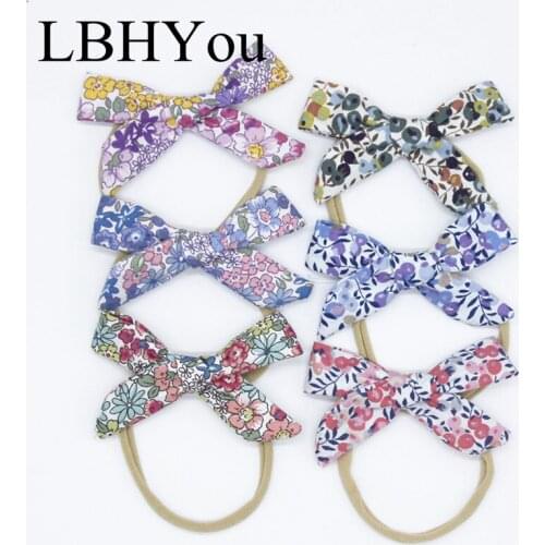 6pcs Fashion Flowers Prints Cotton Bows Nylon Headbands Baby Girls Soft Knotbows Nylon Hairbands Fabric Prints Hair Accessories