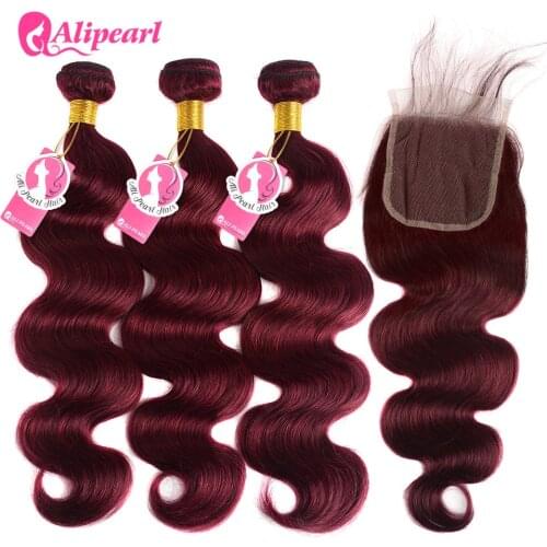 AliPearl 99J Bundles With Closure Brazilian Hair Weave Bundles Burgundy Body Wave 3 Bundles With Closure Remy Hair Extensions