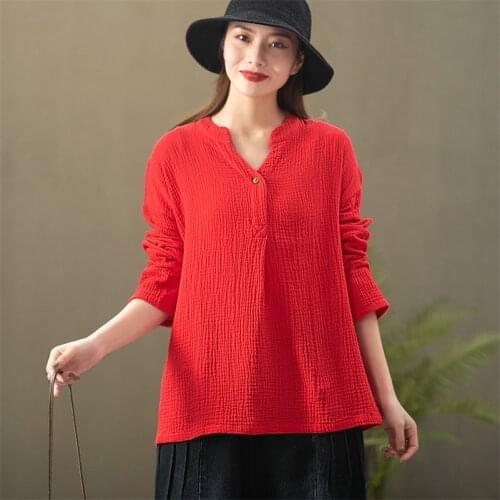 Women Autumn Cotton Blouses Casual Long Sleeve V-Neck Solid Loose Shirts Lady Vintage Tops Blouse Plus Size M-7XL 8XL
