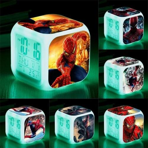 Disney Spiderman Colorful Color Changing Alarm Clock LED Creative Small Alarm Clock Cute Luminous Digital Alarm Clock Kids Gift