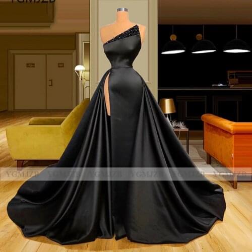 Black Satin Evening Dresses Long 2020 Beaded High Slit Saudi Arabia Women Formal Evening Gowns Black Girls Prom Dresses