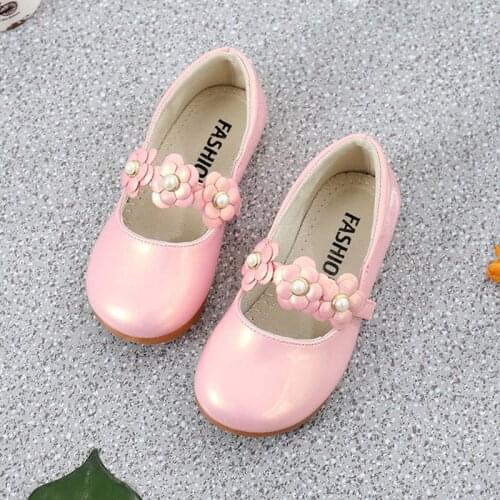Flower Children Kids Pink White Black Pearls Beading Leather Princess Shoes For Big Girls School Wedding Party Shoes New 2020