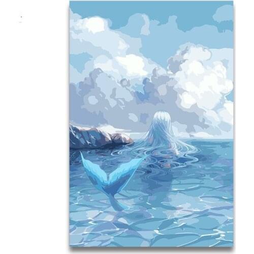 Blue Mermaid oil paintings coloring draw pictures by numbers with kits on canvas Cartoon anime artwork handmade paint