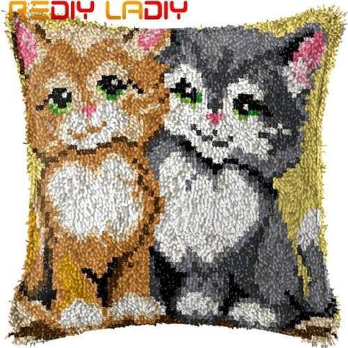 Latch Hook Cushion Two Kittens Pre-Printed Canvas Cushion Front Acrylic Yarn Crochet Pillow Case Kits Hobby & Crafts Home Decor