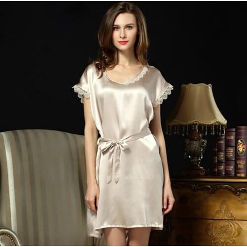Summer Sexy 100% Silk sleepdress women genuine silk short sleeves elegant sleepwear solid color night gown women nightgowns