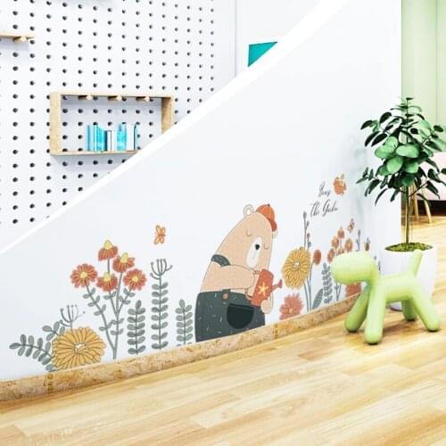 Cartoon Wall Stickers Bear Watering Flowers for Kids Room Bedroom Decoration Wall Decal Nursery Mural Home Decor Baby Room Decor