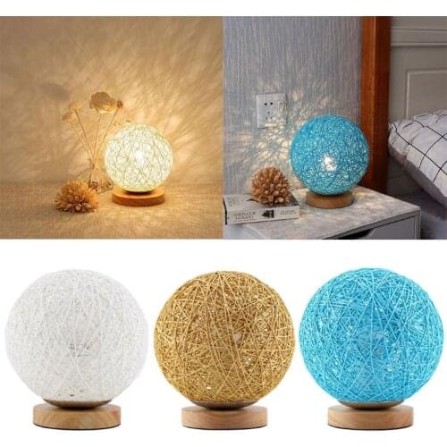 Round Hemp Ball Table Lamp Creative Handwoven Natural Rattan Bedside Lamp Bedroom Decoration Warm Night Light Birthday