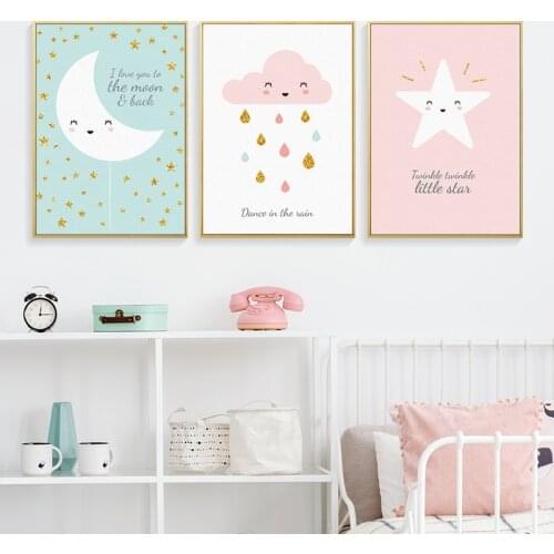 Modern Minimalist Cartoon Canvas Paintings Nursery Smiling Cloud Star Moon Poster Print Wall Art Pictures for Kids Bedroom Decor