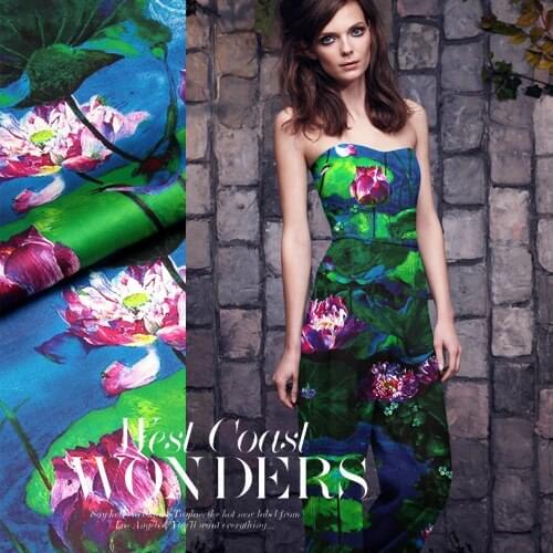 118cm 93% silk & 7% spandex 19mm pink lotus flower green leaves print blue silk satin fabric for dress shirt clothes