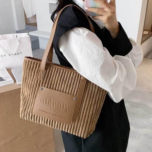 Corduroy Leather Women Patchwork Shoulder Bag Soft Plush Stripes Design Handbag Female New Satchels Cloth Fabric Tote For Ladies