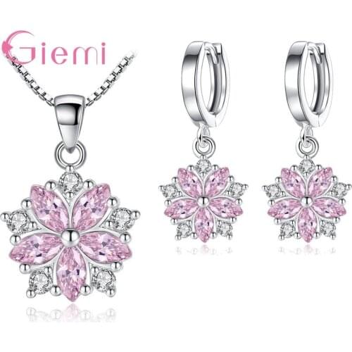Temperament 925 Sterling Silver Cherry Blossom Earrings Necklace for Women Girl Fashion Simple Cubic Zircon Jewelry Kits