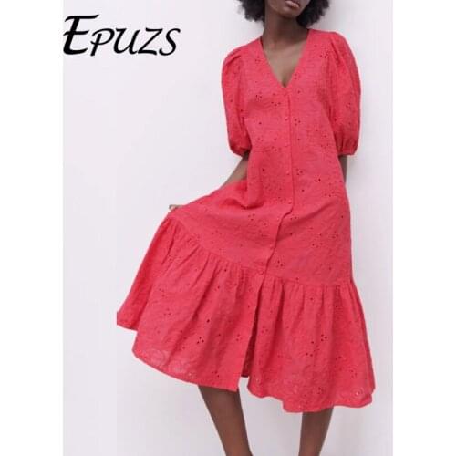 ZA 2021 Women Sexy V-Neck Hollow long dress women Embroidery Loose Midi Dresses vintage red white dresses elegant Vestidos