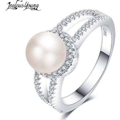 Elegant Round Pearl Ring for Women With AAA Cubic Zircon Engagement Rings Silver Color Fashion Party Jewelry Gift anillos mujer