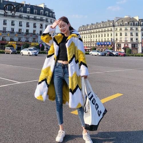 Winter faux mink fur coat women winter long coat fur jacket female wavy stripes lapel plush coat ladies patchwork teddy coat 455