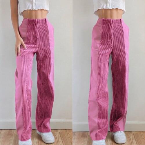 Woman Fall Corduroy Pants Baggy Straight Striped Pants Female Fashion Loose Casual High Waist Zipper Fly Pants Solid Streetwear