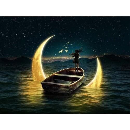 Digital Coloring Painting By Numbers Playing Violion on Moon Boat On Canvas HandPainted Scenic Acrylic Oil Painting Home Decor