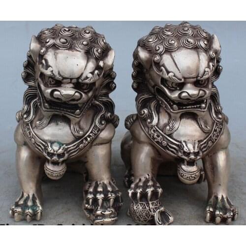 Decoration brass factory outlets Tibet Silver 6" Chinese Feng Shui Silver Foo Fu Dog Guardion Lion Lions Ball Son Statue Pair