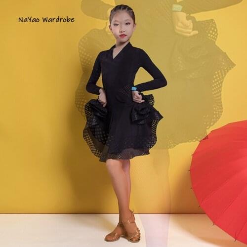 2021 New G3246 Kids Latin Dance Dress Long Sleeve Lotus Design V Neck Girl Latin Dancing Cloth Stage Ballroom Dancewear
