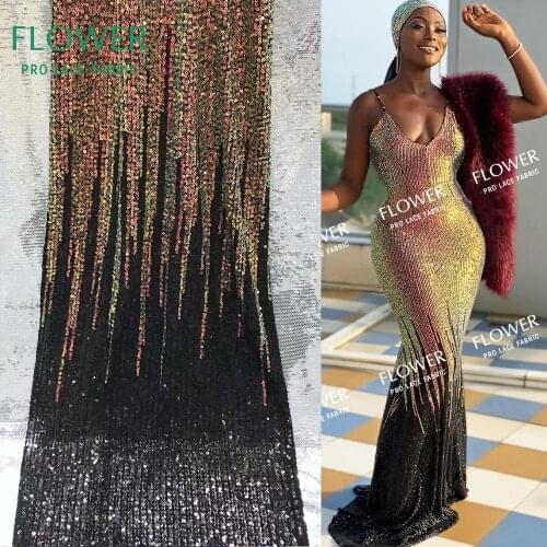 Gradient Color Sequins Net Lace Fabric Elastic Mesh Laces For Indian African Noble Lady Wedding Bride Dresses Prom Net Material