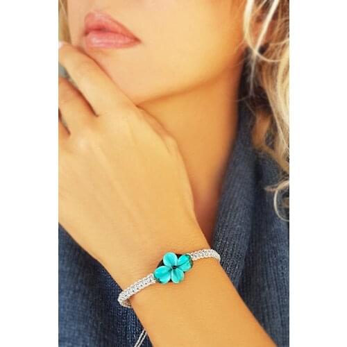 Kadın El Yapımı Cam Çiçek Gümüş Bileklik