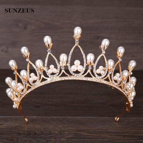 Princess Crown Vintage Golden Baroque Bridal Headband Pearls Water Drop Shape Hair Accessories Coroa De Princesa SQ0252
