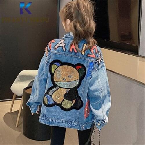 Jeans Jacket Women Streetwear Fashion Beading Cartoon Bear Denim Jacket Pocket Lapel Loose Long Sleeve Print Jeans Coat Female