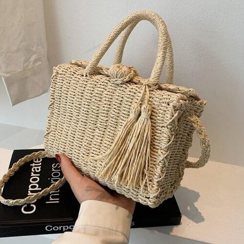 Box Shape Small Beach Straw Rattan Crossbody Shoulder Bags with Short Handle 2021 Luxury Ladies Top Handle Handbags and Purses