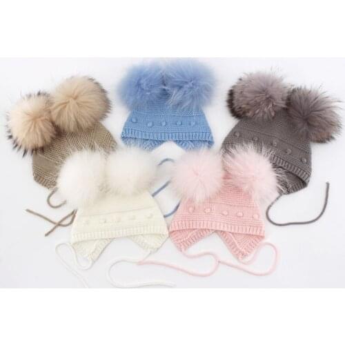 1-12Months Lovely Baby Dot Beanie Hat with Fluffy Double Fur Pom Pom Fashion Caps for Girls