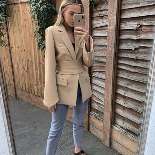 Fashion Blazer Womens Spring 2021 New Tie Waist Slim Fit Business Blazer and Jacket Retro Cardigan Khaki Black Ladies SuitTops