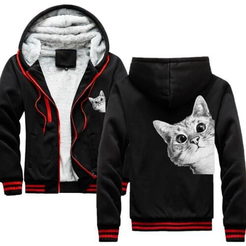2020 Men Hoodies Winter Thick Warm Fleece Zipper sneaky cat Mens Hoodies Coat Sportswear Male Streetwear Hooded Sweatshirt Men