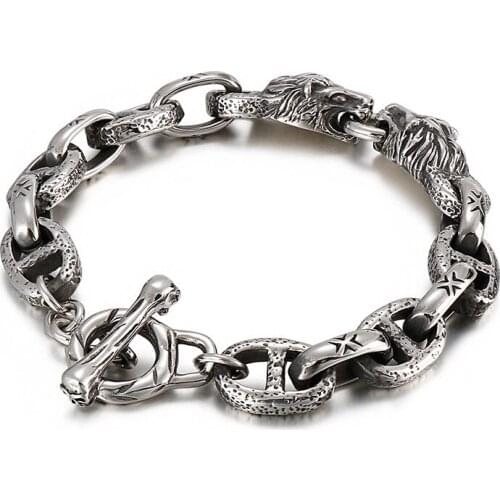 Street fashion trend titanium steel Japanese word chain creative lion head mens bracelet stage accessories