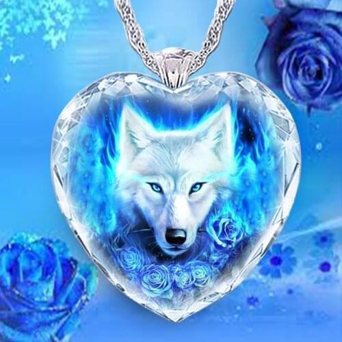 Charm White Wolf and Blue Rose Female Necklace Pendant Crystal Glass Series Fashion Melancholy Party Gift Jewelry Gifts for Girl