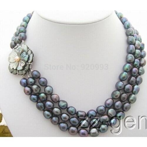 Wholesale Free P&P*** 3Strds Black Baroque Pearl pendant Necklace-Cameo Flower Clasp