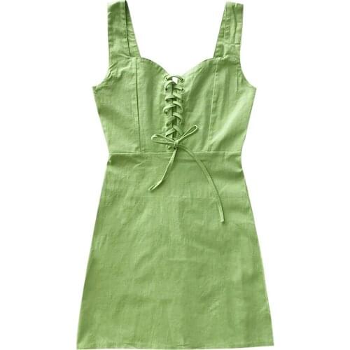Sweet lovely avocado green knitted strap design summer V-neck waist slim suspender dress