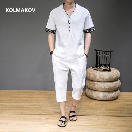 Shirt + trousers)2021 summer fashion men shirt Cotton and linen shirts mens casual shirts men full size M-5XL