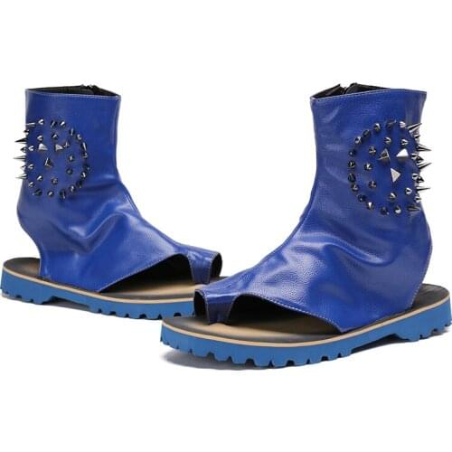 Fashion Blue Zipper Sandals Men Genuine Leather Breathable Rome Flat Sandals Summer 2019 Punk Style Rivets Casual Beach Footwear