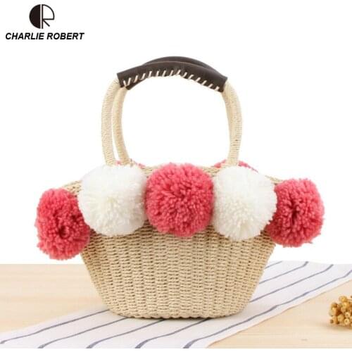 Plush Ball Straw Bags Women Summer Rattan Bag Handmade Woven Beach Top-Handle Bag Letter Bohemia Handbag Bali Box Casual Tote