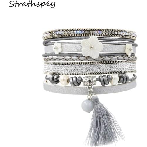 STRATHSPEY PU leather Bracelets&Bangles For Women Pulseira Bohemia Multi Rows Grey Plaited Shell Flower Strass Set Fabric Tassel