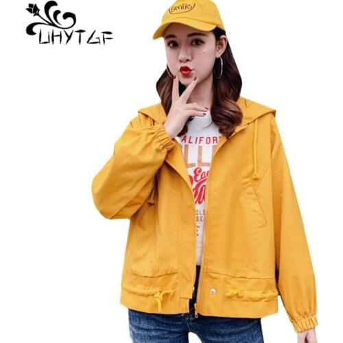 UHYTGF Womens Jean Jacket Hooded Spring Autumn Coats Female Fashion Student Short Outerwear Casual Plus Size Denim Jacket 129